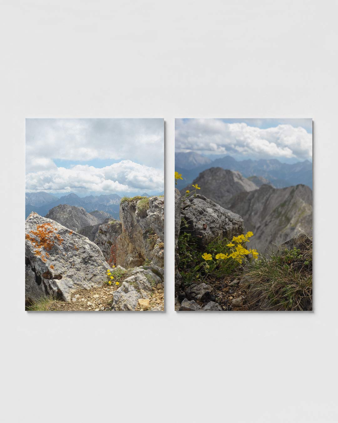 Rots en lucht posterset – sfeerbeeld – een indrukwekkend landschap met ruige rotsen, bedekt met oranje mos en gele bloemen.