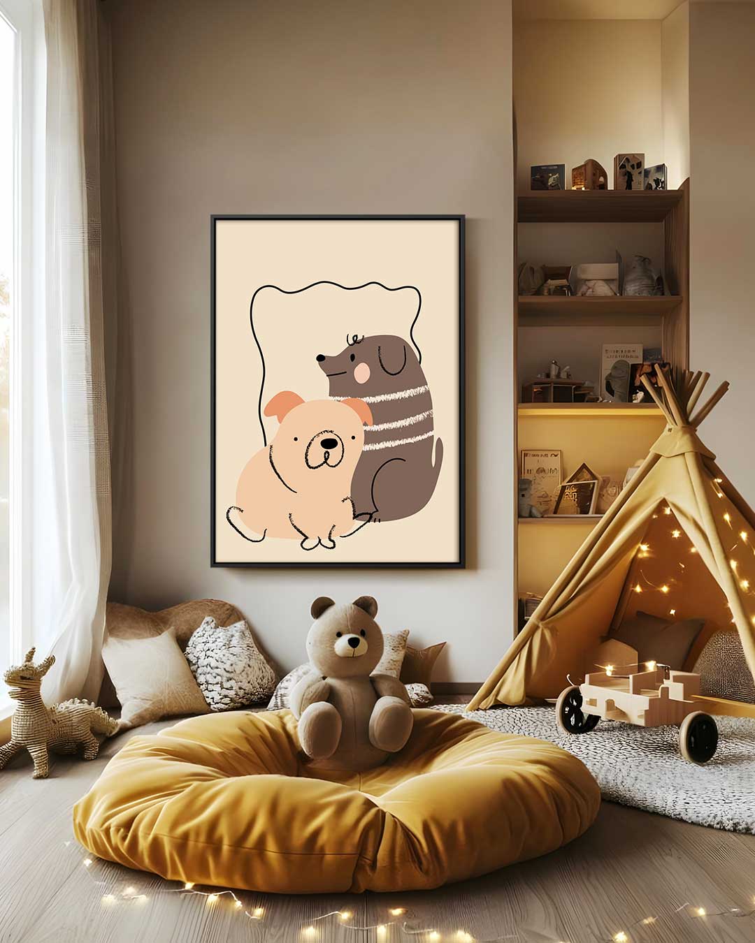 Schattige Honden Vrienden Illustratie – modern portret kunstwerk van WallArtistic