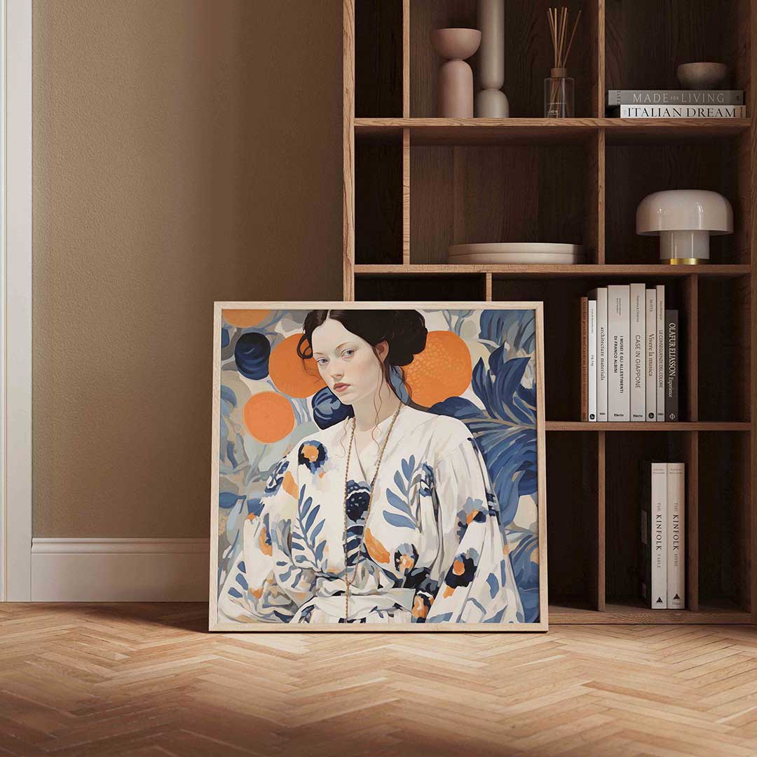 Vrouw met bloemenpatroon – vierkante design wanddecoratie van WallArtistic