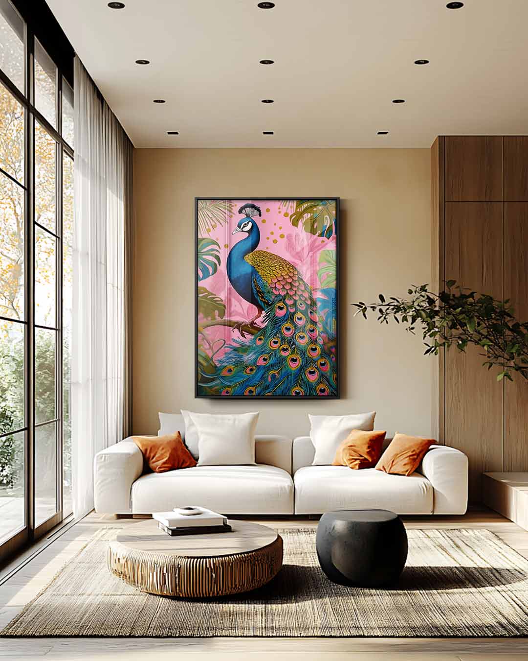 Kleurrijke Pauw in Tropisch Paradijs – modern portret kunstwerk van WallArtistic