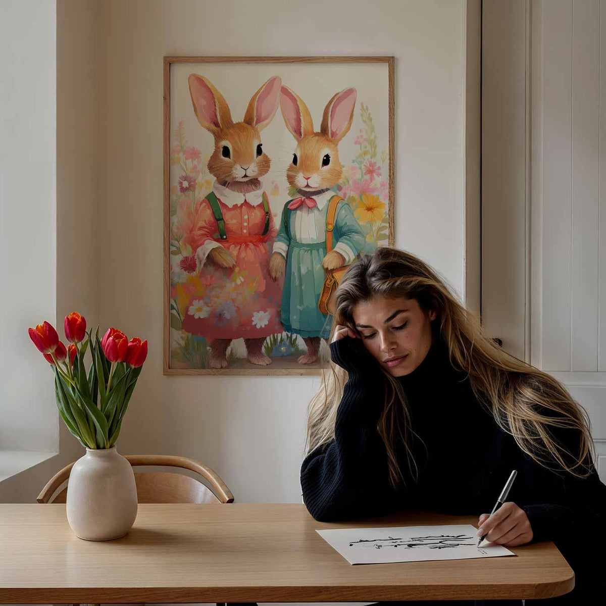 Bloemenfeest Konijnen – staande dieren wanddecoratie van WallArtistic