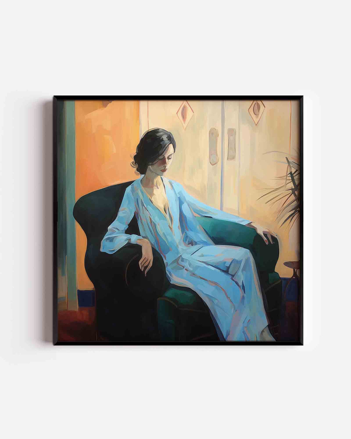Vrouw in blauwe jurk – vrouwelijk portret als vierkante poster