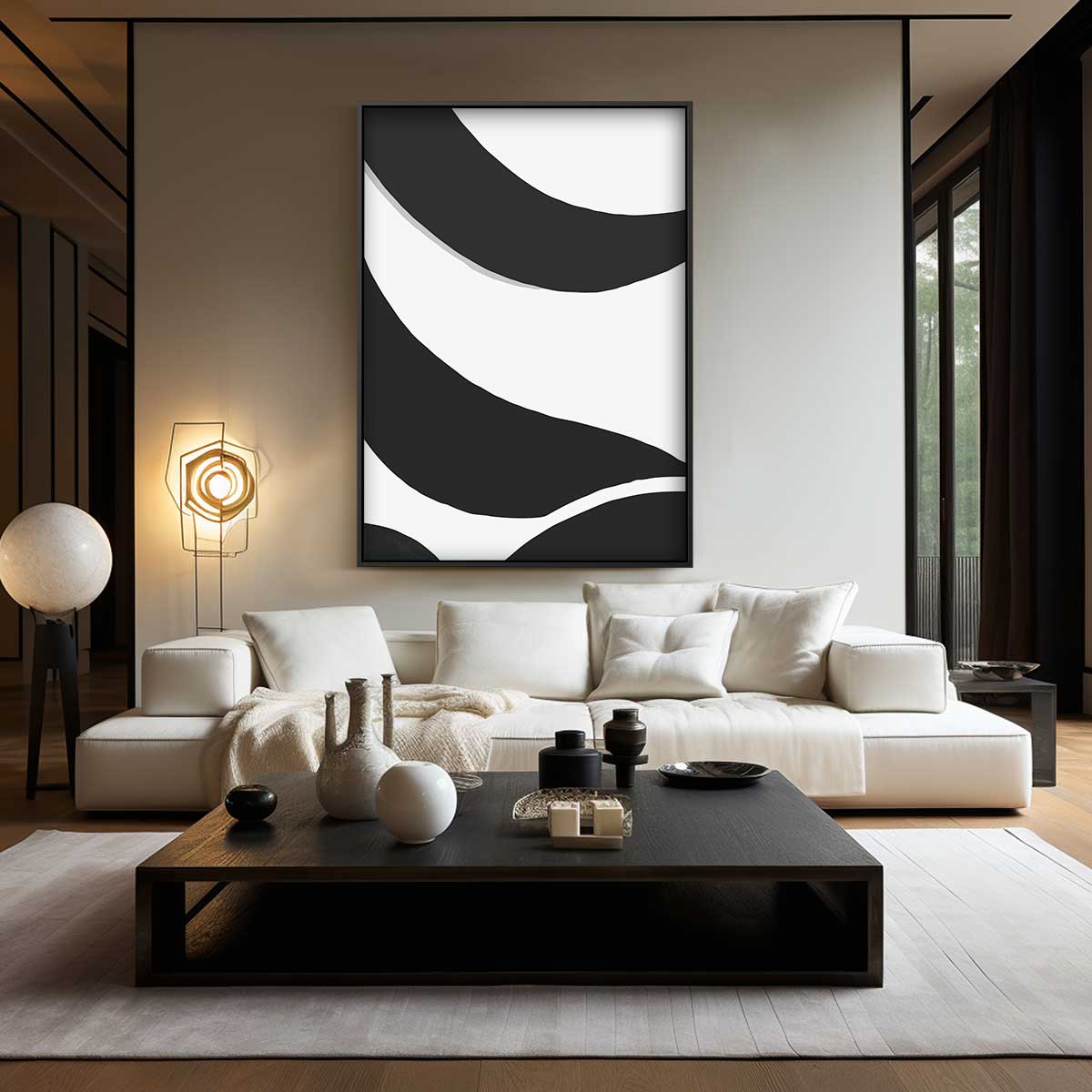 Zwarte Golven op Witte Achtergrond – modern portret kunstwerk van WallArtistic