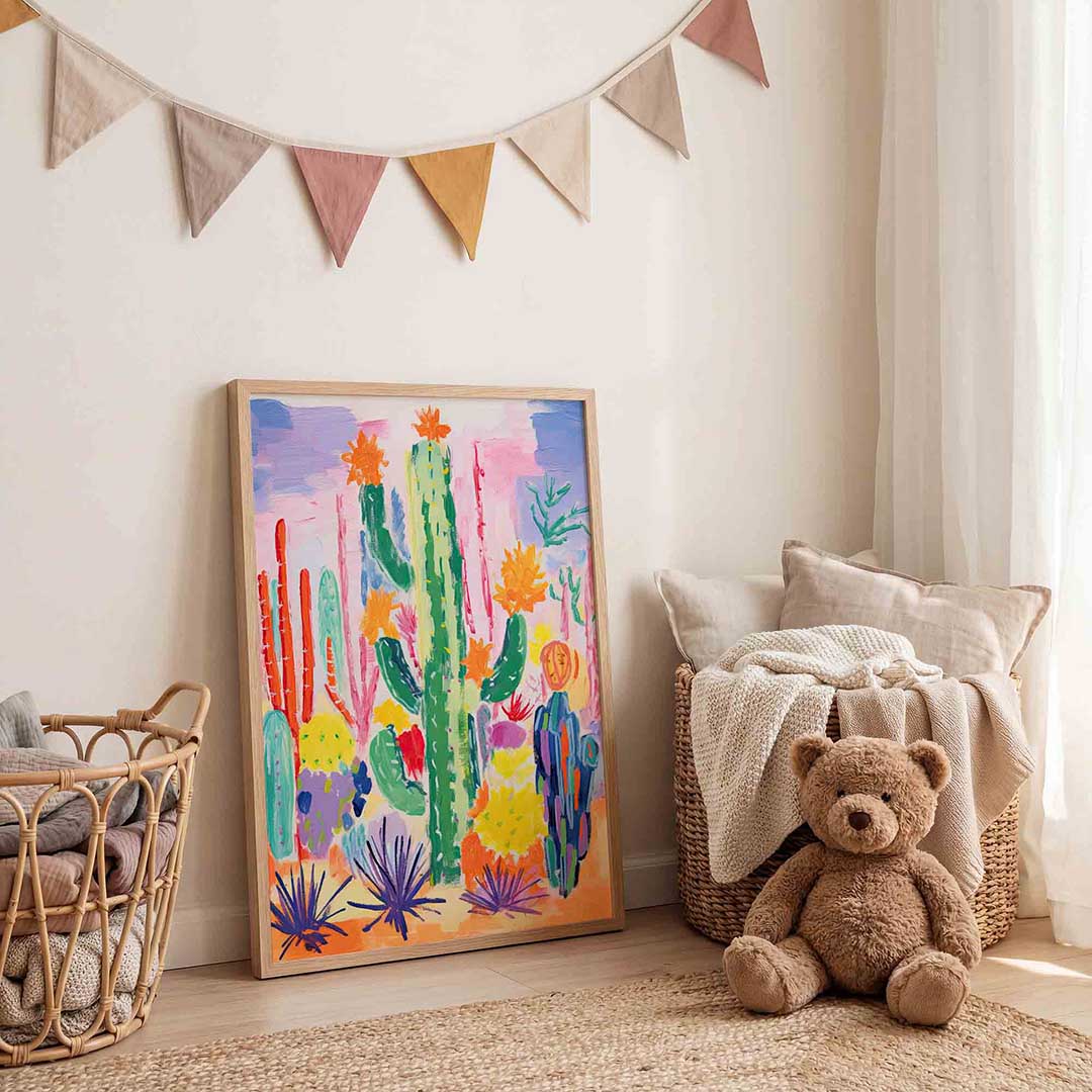 Kleurrijke cactussen – speelse wandkunst als portret kinderposter