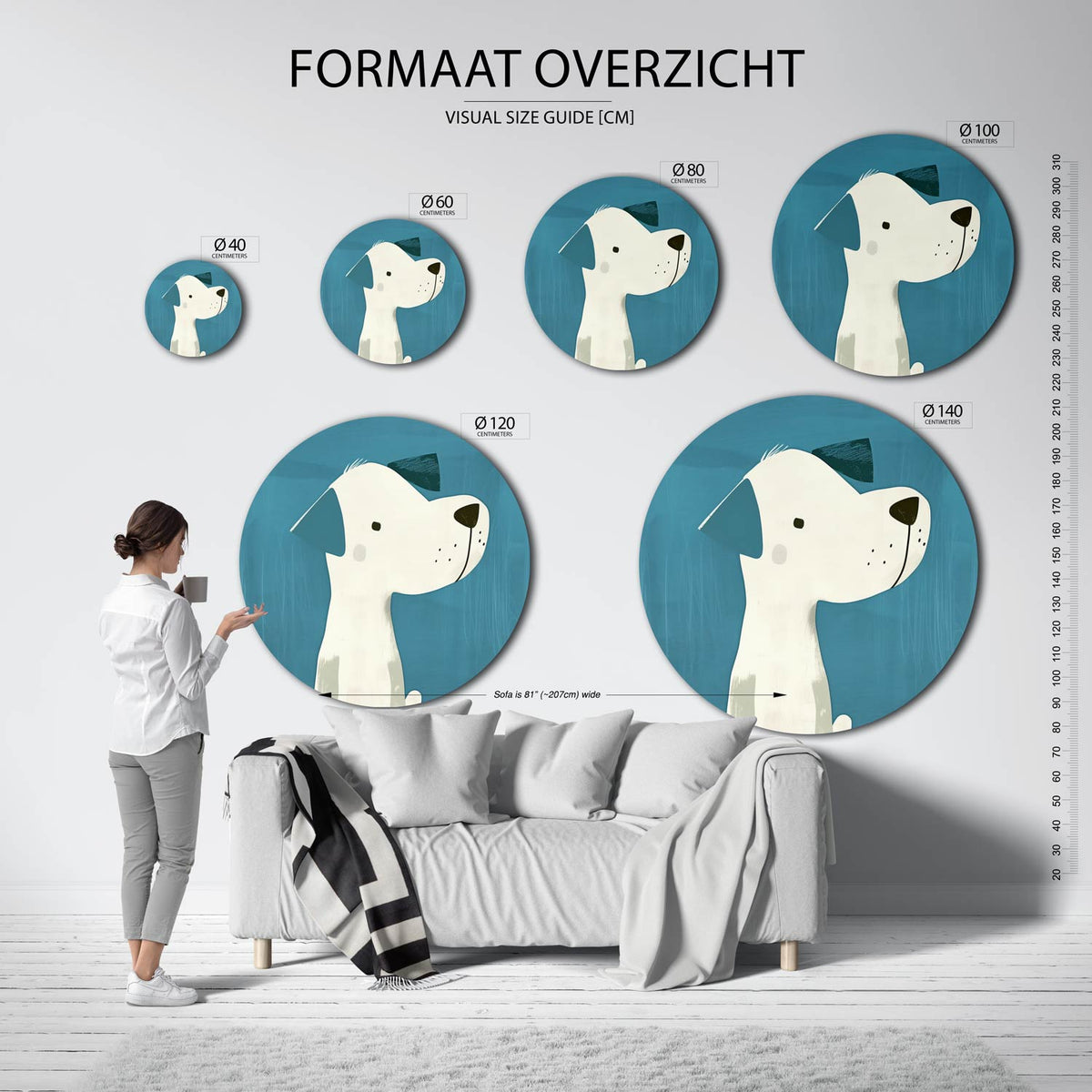 Hond met blauwe achtergrond Muurcirkel – extra productweergave – Een witte hond met blauwe oren en een zwarte neus tegen een