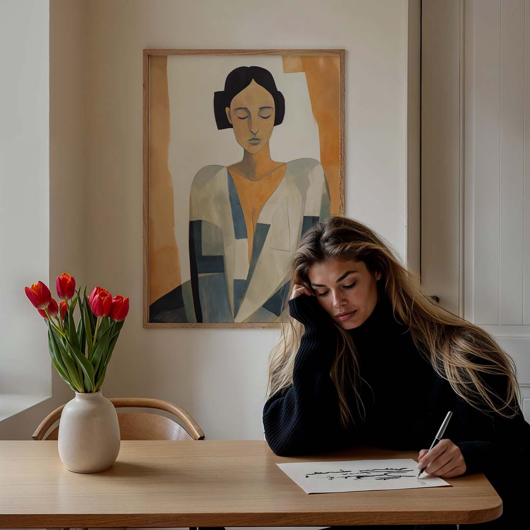 Dromerige Vrouwelijke Portretposter – staande vrouwelijke wanddecoratie van WallArtistic