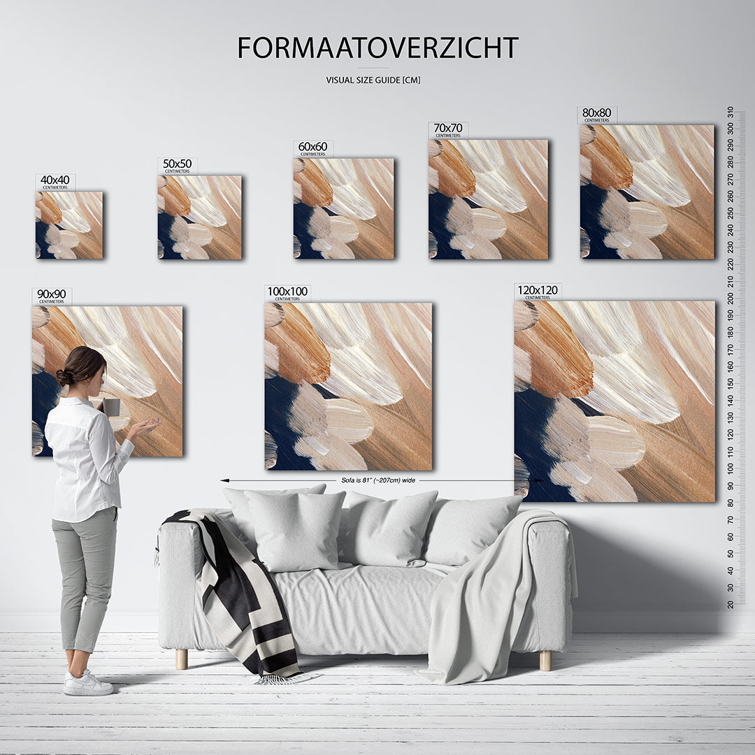 Organische borstelvegen kunstwerk – dit kunstwerk toont vloeiende borstelvegen in beige en bruin, met subtiele overgangen en