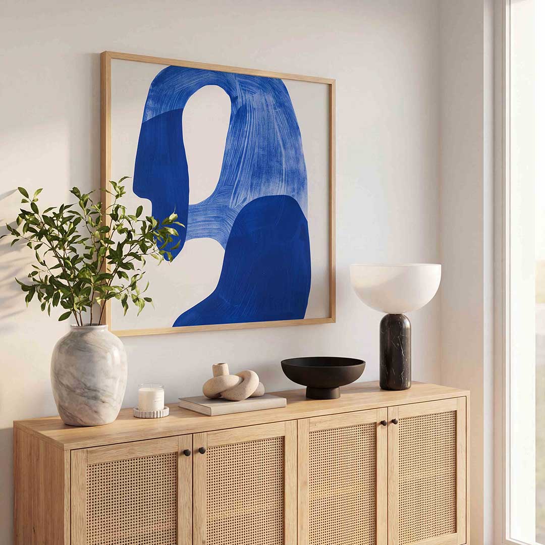 Abstracte blauwe vormen – kunst en design poster in vierkant formaat