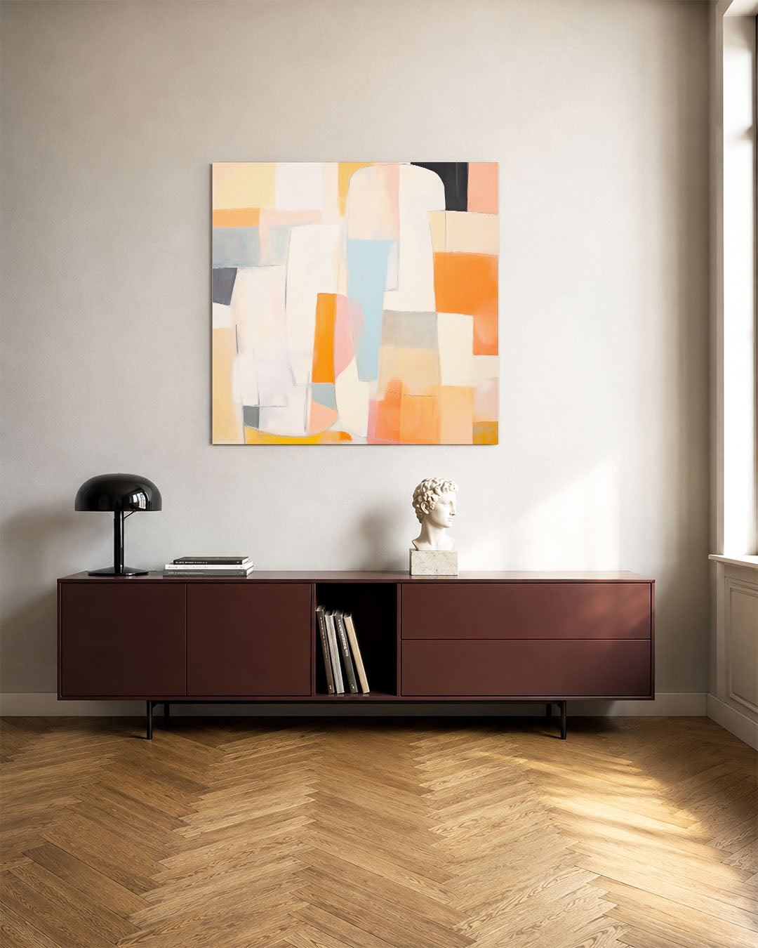 Kleurrijke vormen kunstwerk – tweede productweergave – dit werk toont een dynamische compositie van rechthoeken en organische