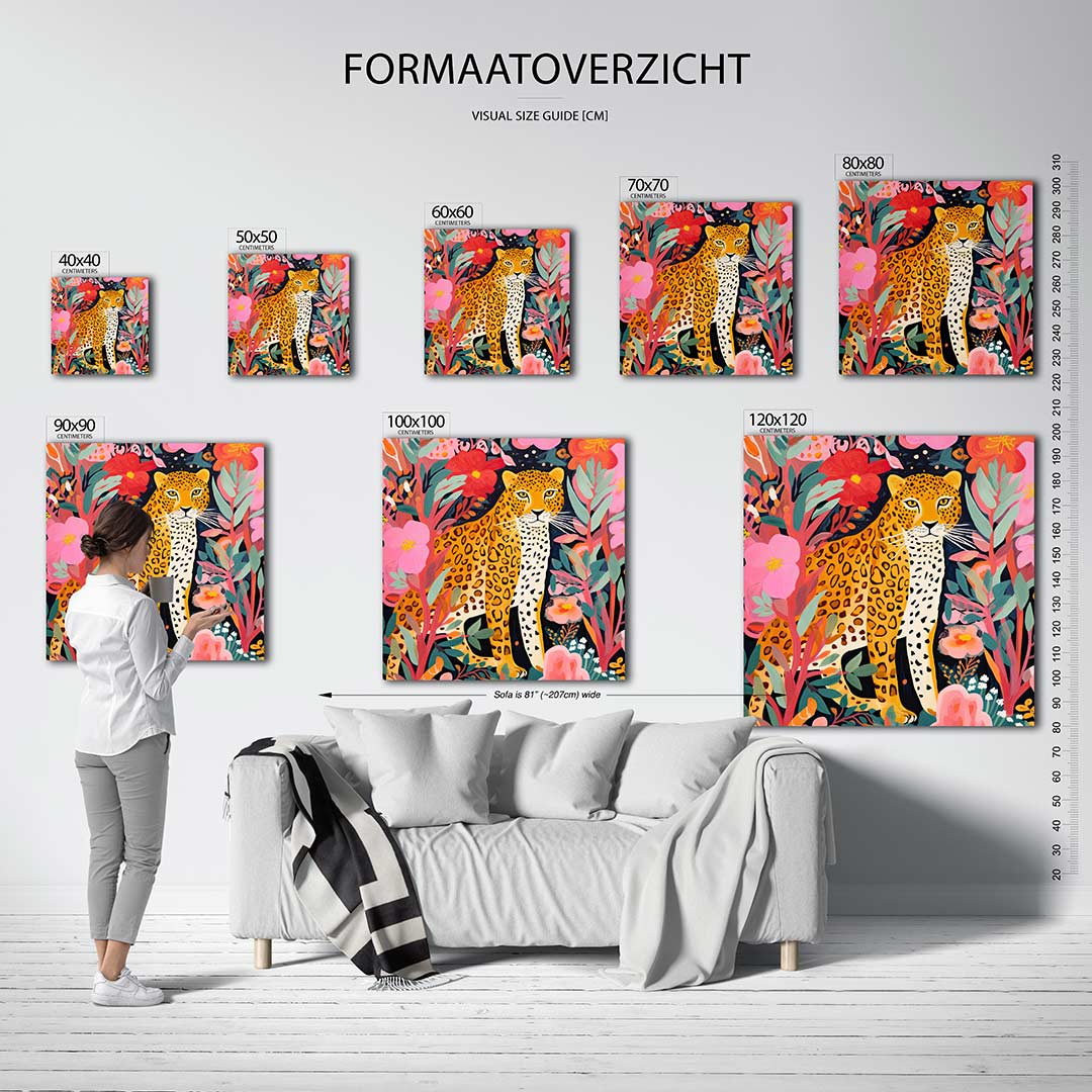 Levendige dierenwereld kunstwerk – sfeerbeeld – dit werk toont een kleurrijke compositie van een luipaard omringd door