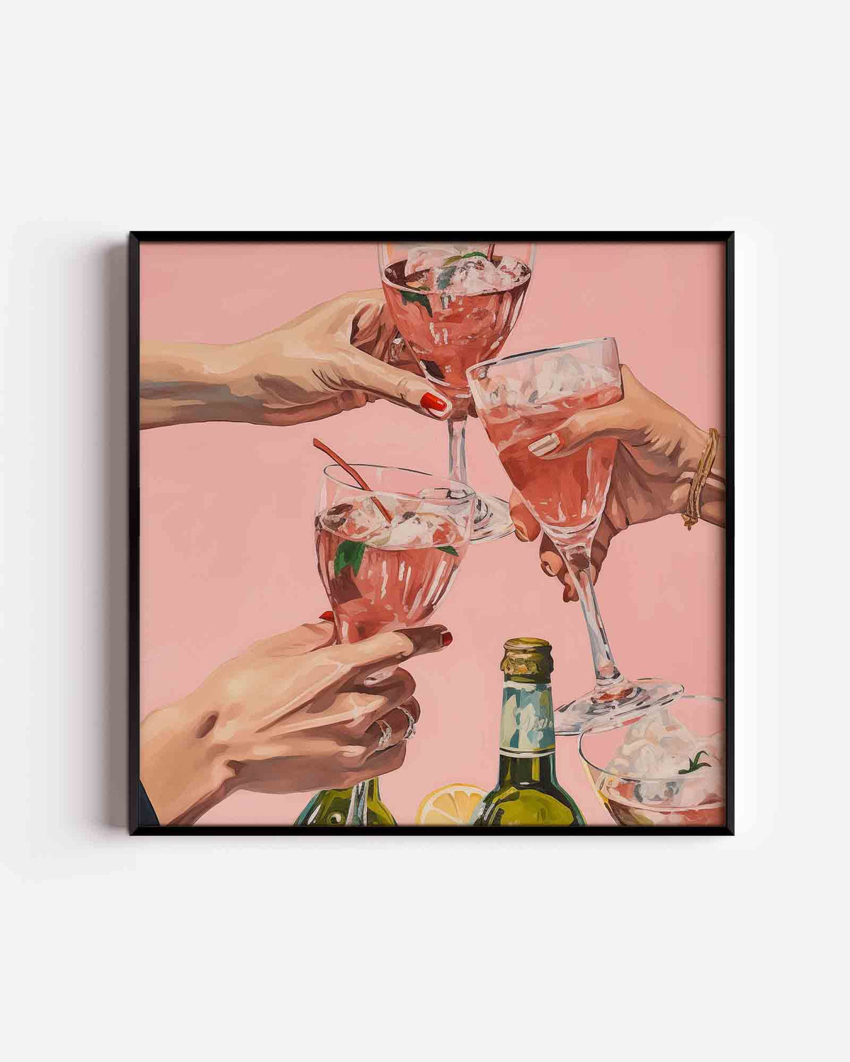 Drie glazen met roze drank – keuken vierkante poster als wanddecoratie