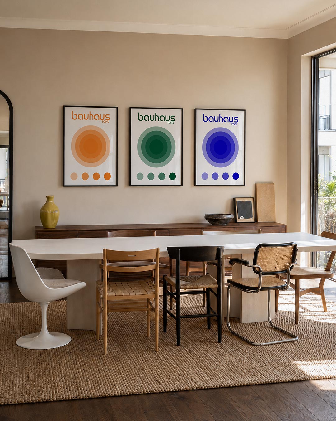 Cirkelritme oranje posterset – tweede productweergave – deze posterset in drie delen toont een spel van concentrische cirkels
