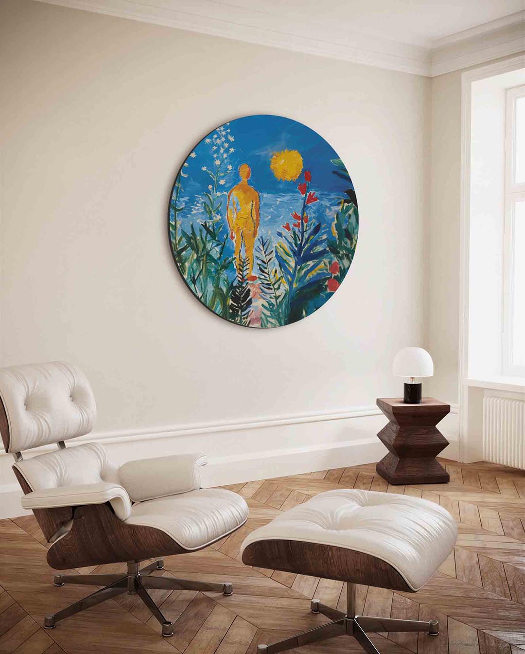 Mensfiguur en bloemen – moderne ronde wanddecoratie van WallArtistic