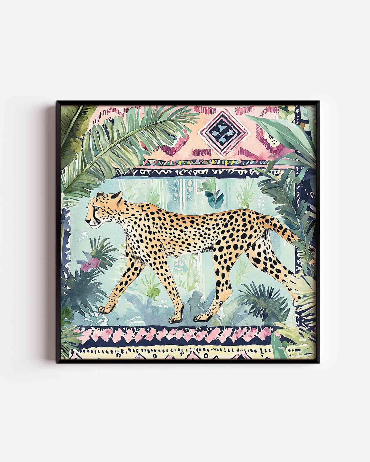 Luipaard en bladeren – vierkante dierenposter als wanddecoratie