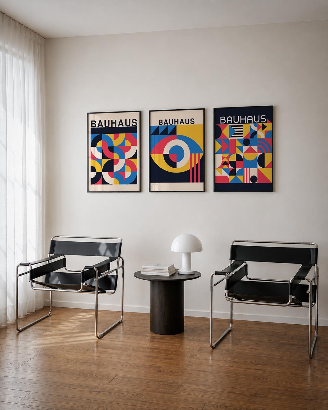 Kleurrijke vormenmix posterset – derde productweergave – deze posterset in drie delen toont een speelse combinatie van halve