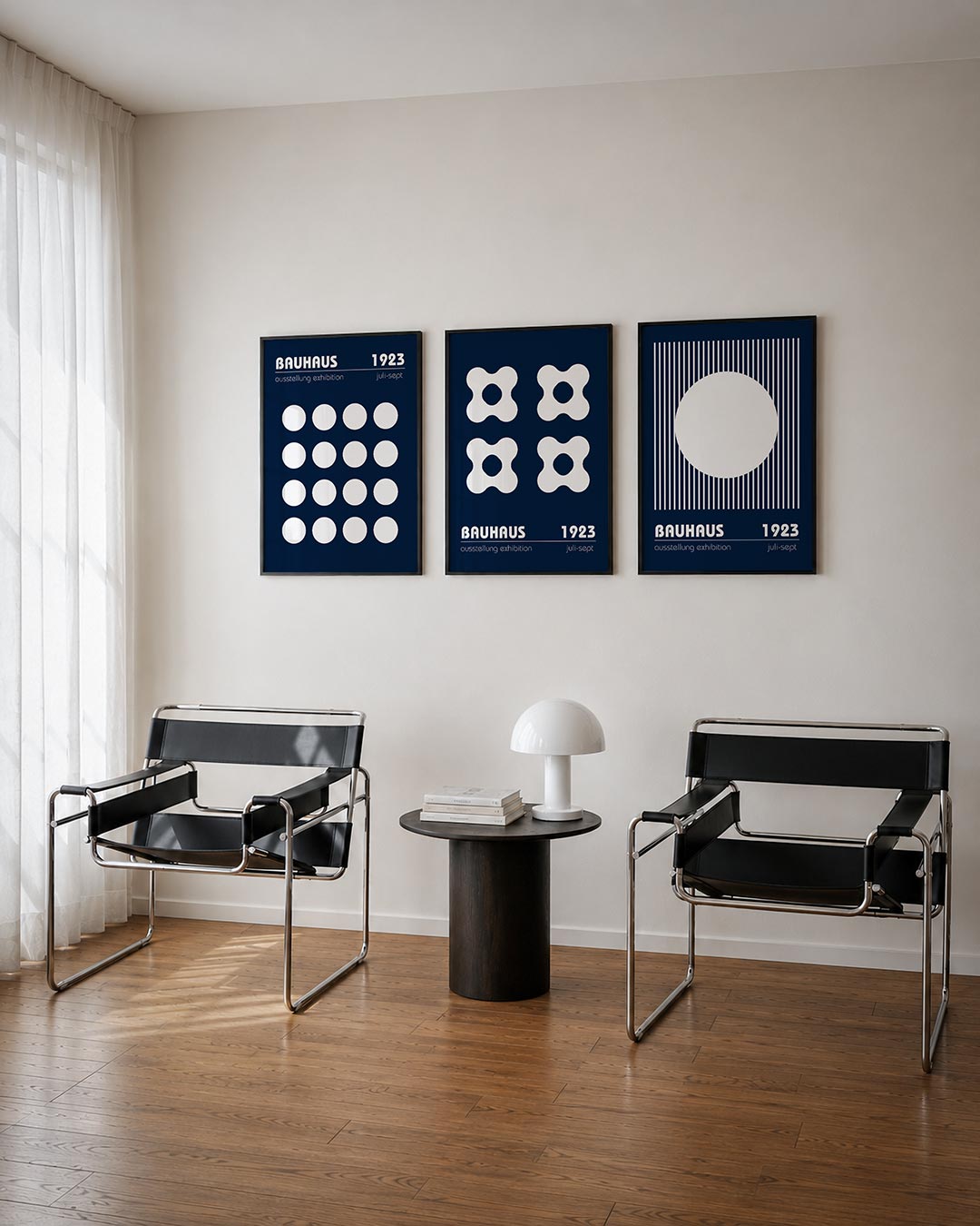 Cirkelritme en lijnen driedelige posterset – deze posterset in drie delen toont een ritmische ordening van witte cirkels op