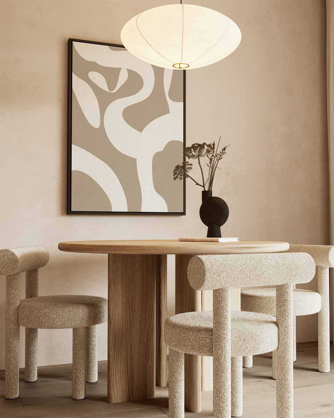 Organische Vormen in Beige – kunstwerk met zwarte baklijst