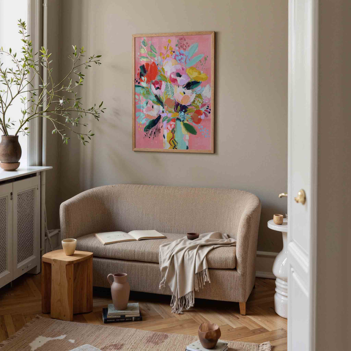 Bloemen op roze achtergrond – botanische poster in staand formaat