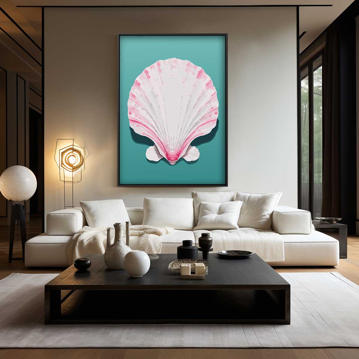 Schelp met Roze Accenten – kunstwerk met zwarte baklijst