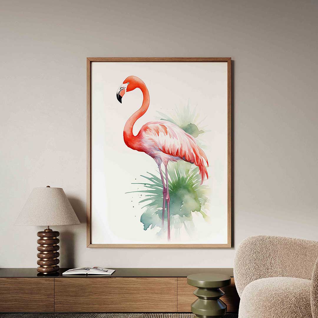 Flamingo met groene bladeren – tropische jungle poster in staand formaat