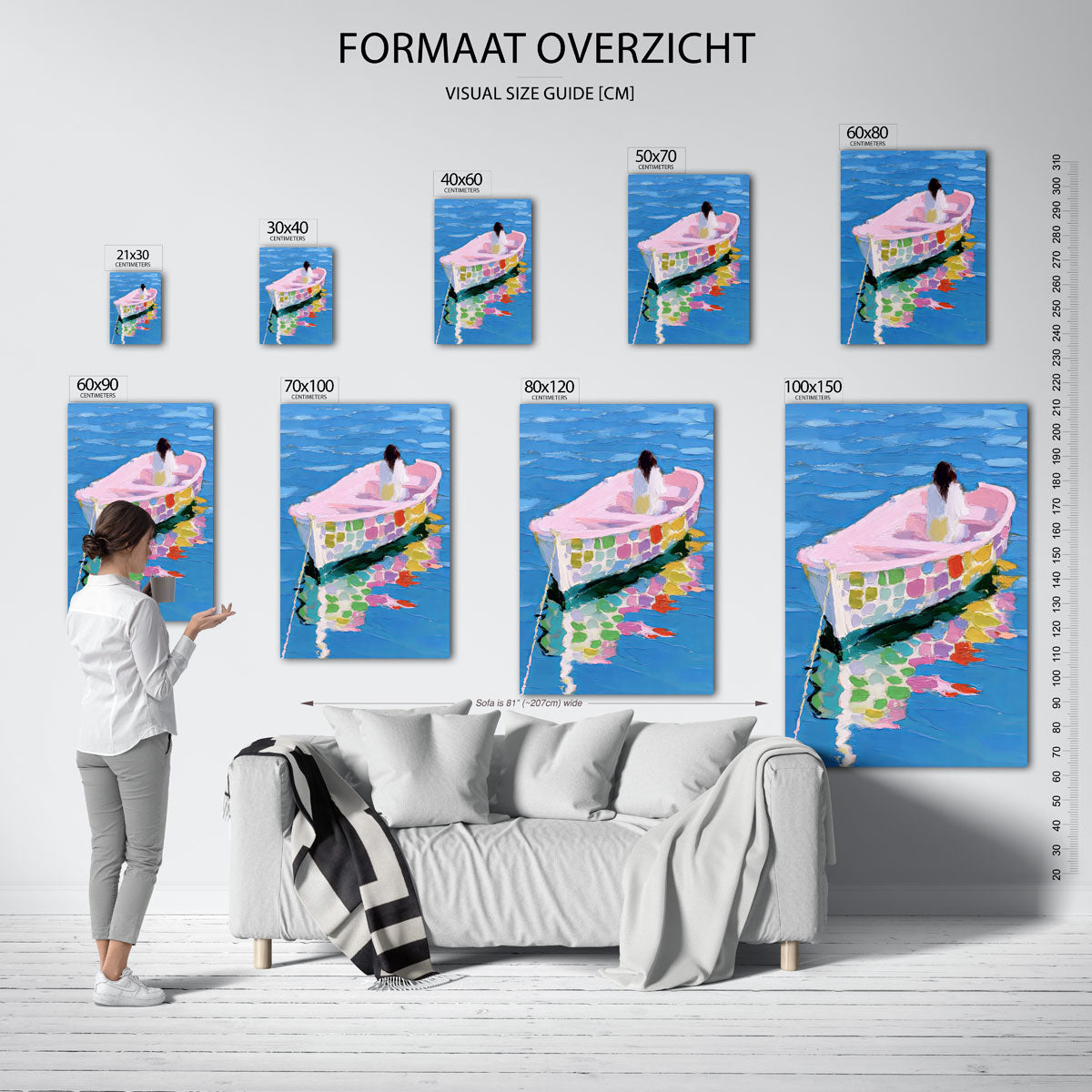 Boot op blauwe zee – staande muurposter met sfeervolle illustratie