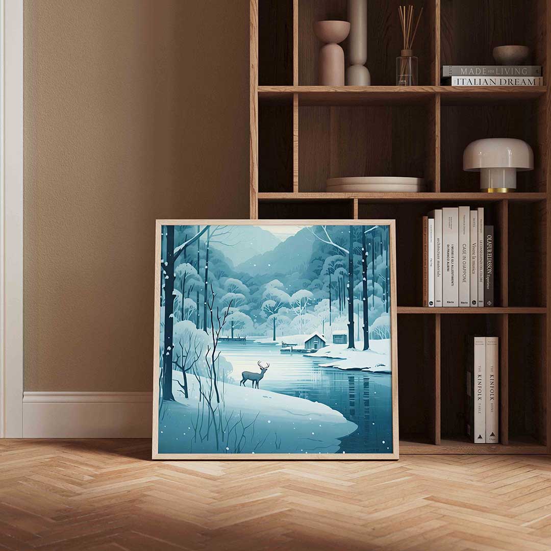 Winterlandschap met hert – kerstposter in vierkant formaat