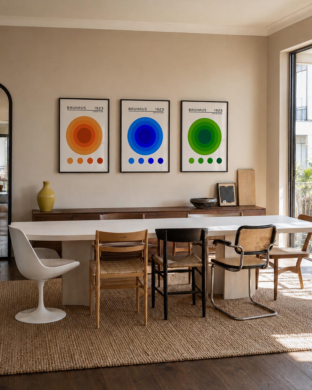 Cirkelritme oranje posterset – tweede productweergave – deze posterset in drie delen toont een grote, centrale cirkel in