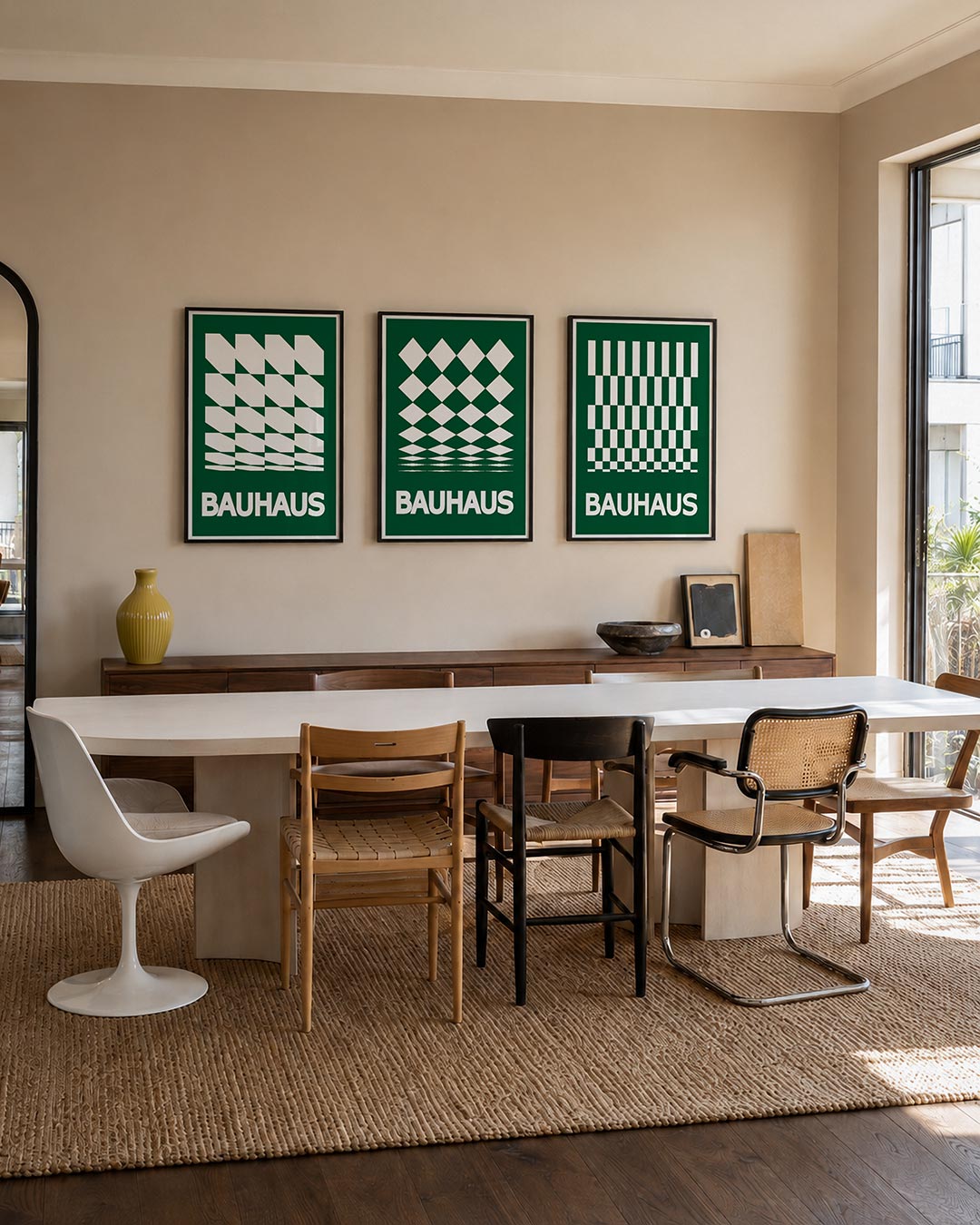 Vorm en ritme posterset – tweede productweergave – deze posterset in drie delen toont een dynamisch lijnenspel met groene en
