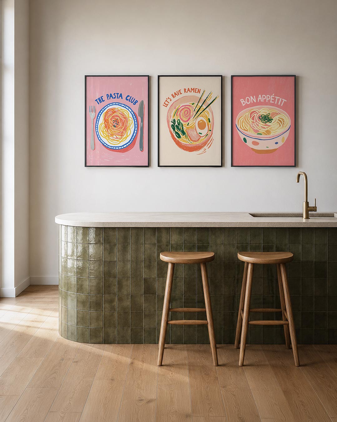 Eetlustige kleurenspel posterset – tweede productweergave – een bord met kleurrijke pasta op een roze achtergrond