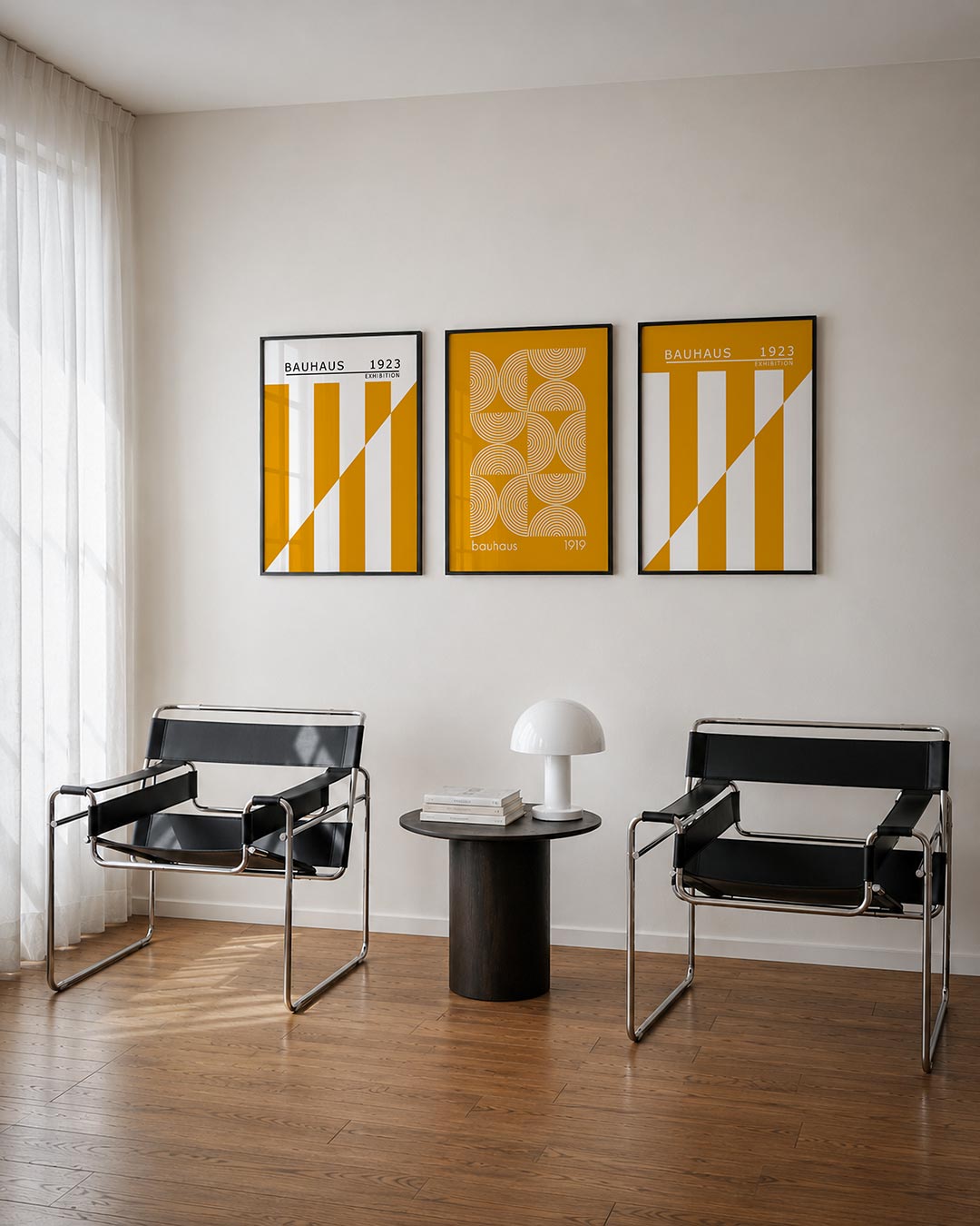 Vorm en kleur posterset – derde productweergave – deze posterset in drie delen toont een dynamisch lijnenspel met oranje en