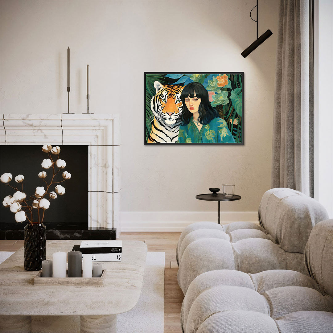 Dier en vrouw portret – liggende wanddecoratie