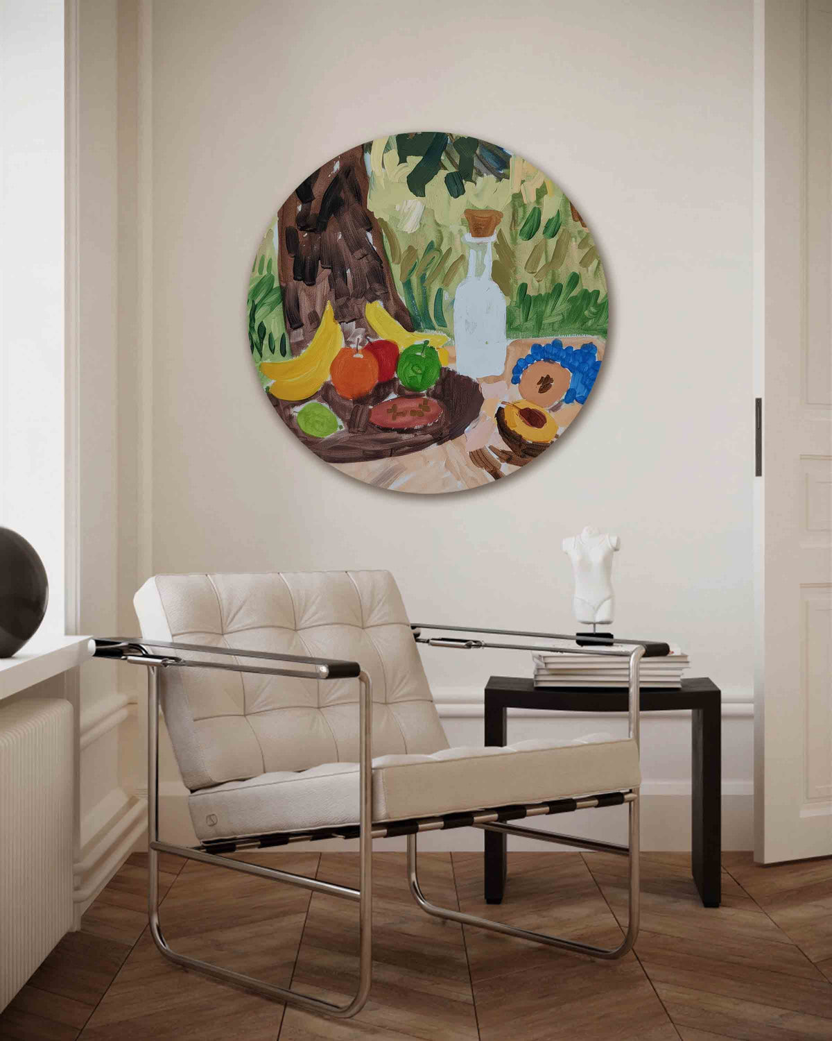 Fruit en fles – kleurrijke muurcirkel als ronde wanddecoratie