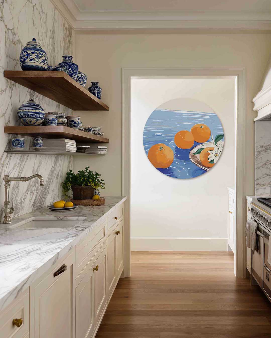 Mandarijnen en bloemen – moderne abstracte muurcirkel voor aan de muur