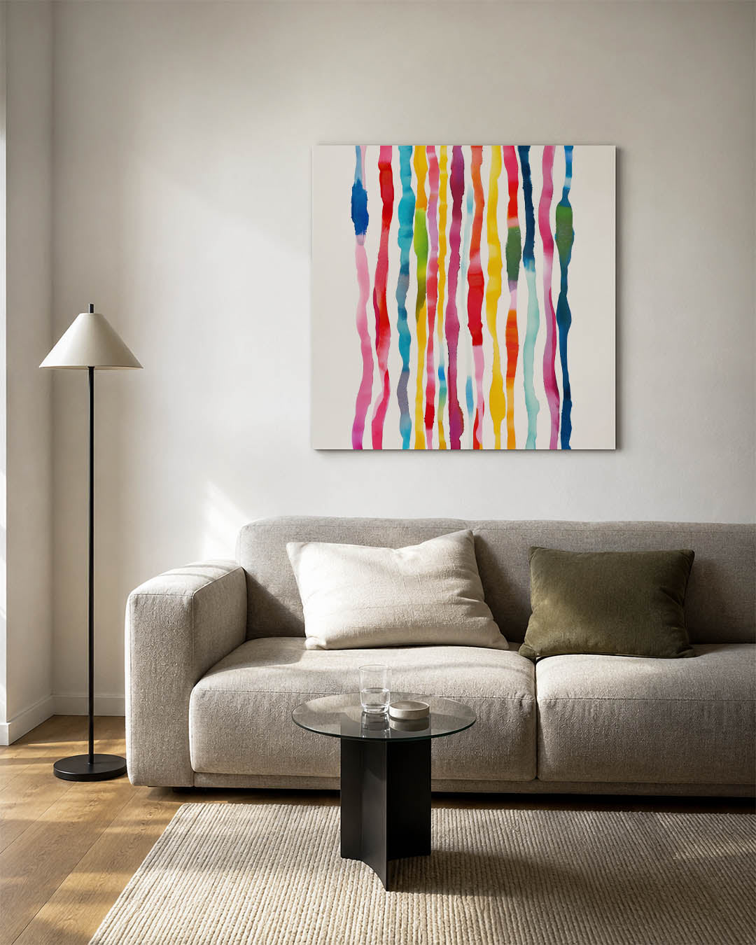 Kleurrijke lijnen kunstwerk – vierkante wanddecoratie – dit werk toont golvende verticale lijnen in diverse kleuren, die een