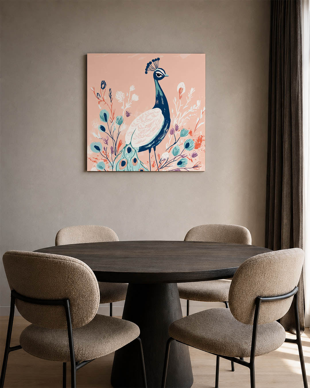 Vogels en bloemen kunstwerk – derde productweergave – dit werk toont een sierlijke vogel omringd door bloemen. De zachte