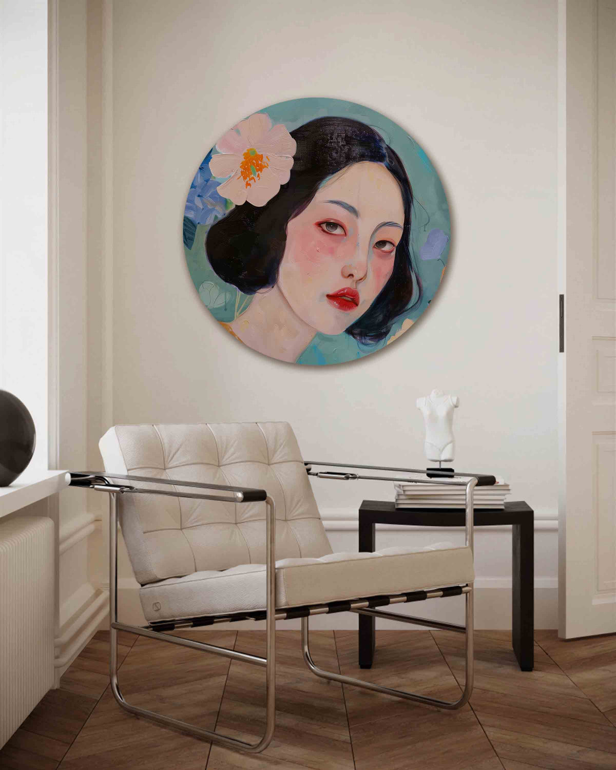 Vrouw met bloemen – kleurrijke muurcirkel als ronde wanddecoratie