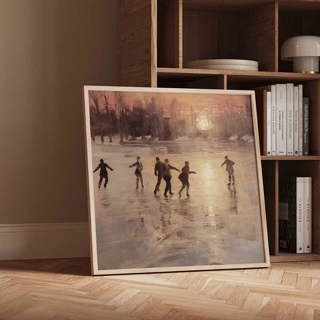 Schaatsers bij zonsondergang – vierkante kerst wanddecoratie van WallArtistic
