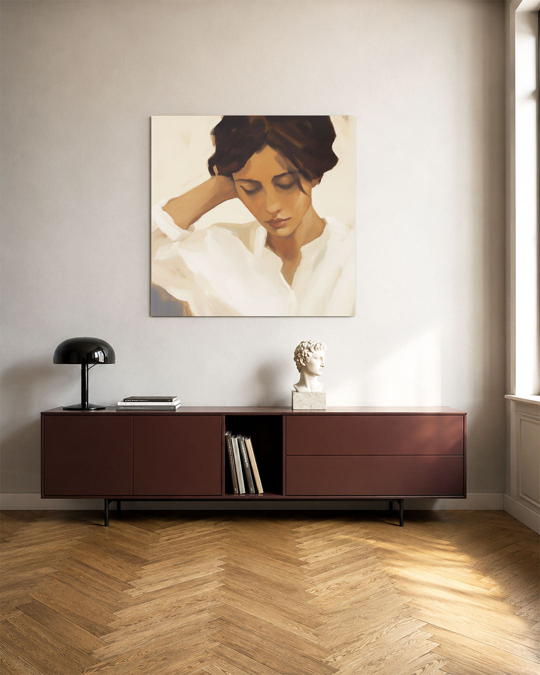 Dromerige portretstudie kunstwerk – tweede productweergave – dit kunstwerk toont een ingetogen portret van een vrouw met
