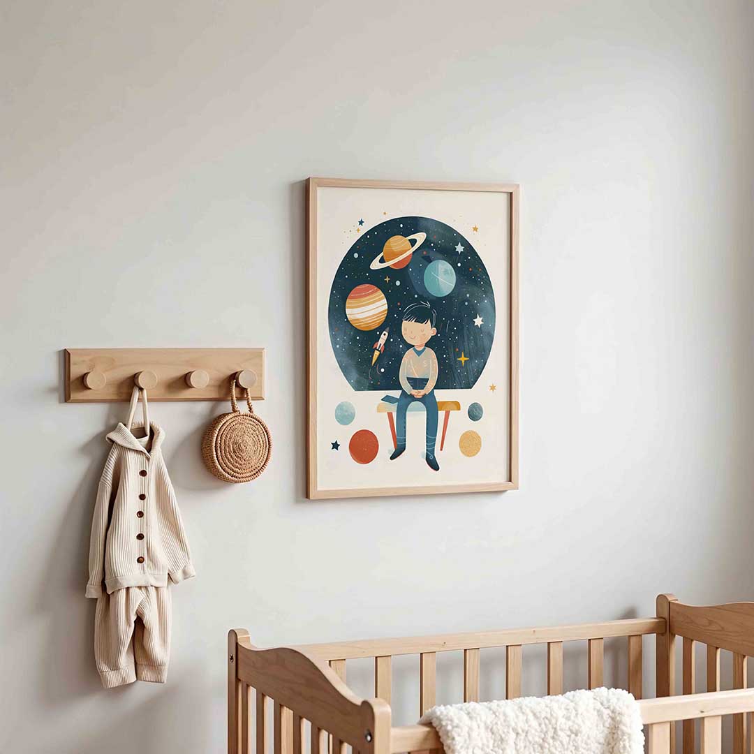 Jongen met planeten – kinderposter in staand formaat