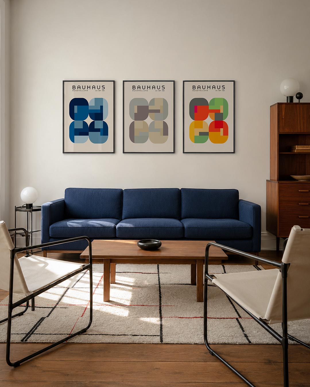 Vormen en vlakkenspel driedelige posterset – deze posterset in drie delen toont een harmonie van blauwe en grijze