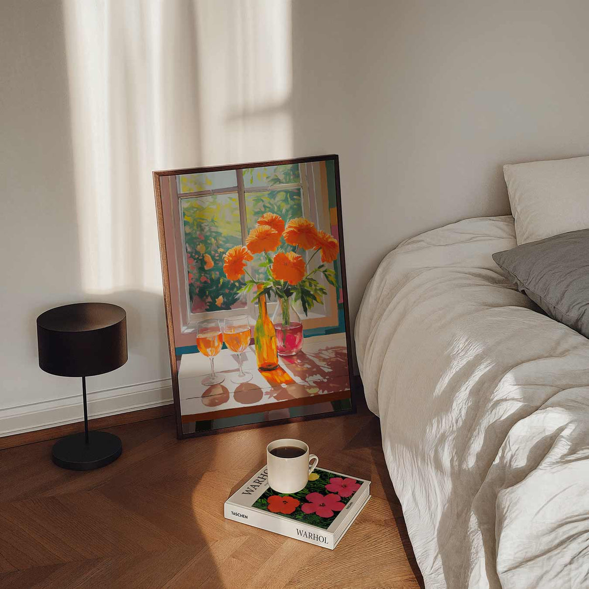 Zonnige Bloemen en Rosé – staande bloemen wanddecoratie van WallArtistic