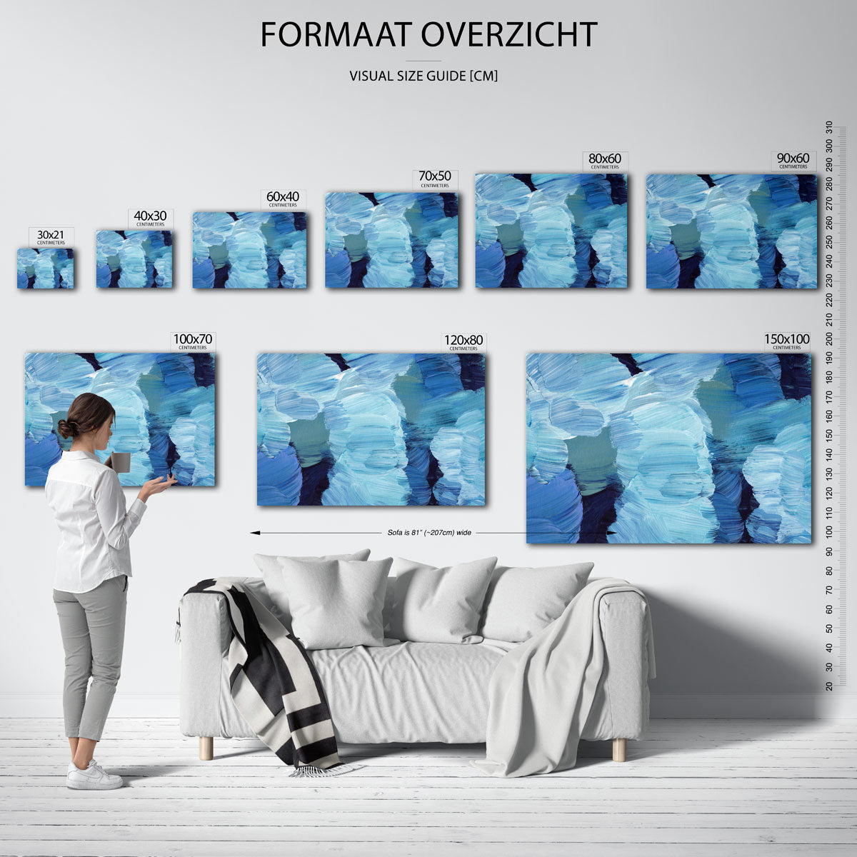 Blauwe penseelstreken – liggende muurposter met artistieke uitstraling