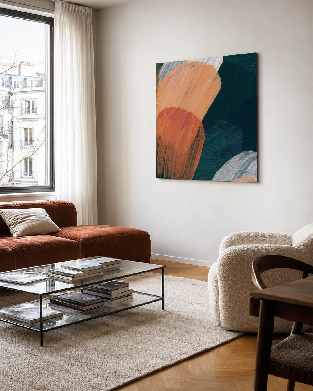 Dynamische penseelstreken kunstwerk – vierkante wanddecoratie – dit kunstwerk toont vloeiende penseelstreken in levendige