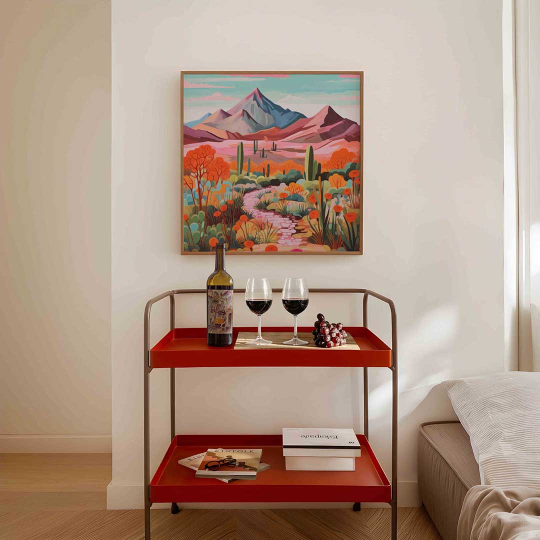 Berglandschap met cactussen – vierkante keuken wanddecoratie van WallArtistic