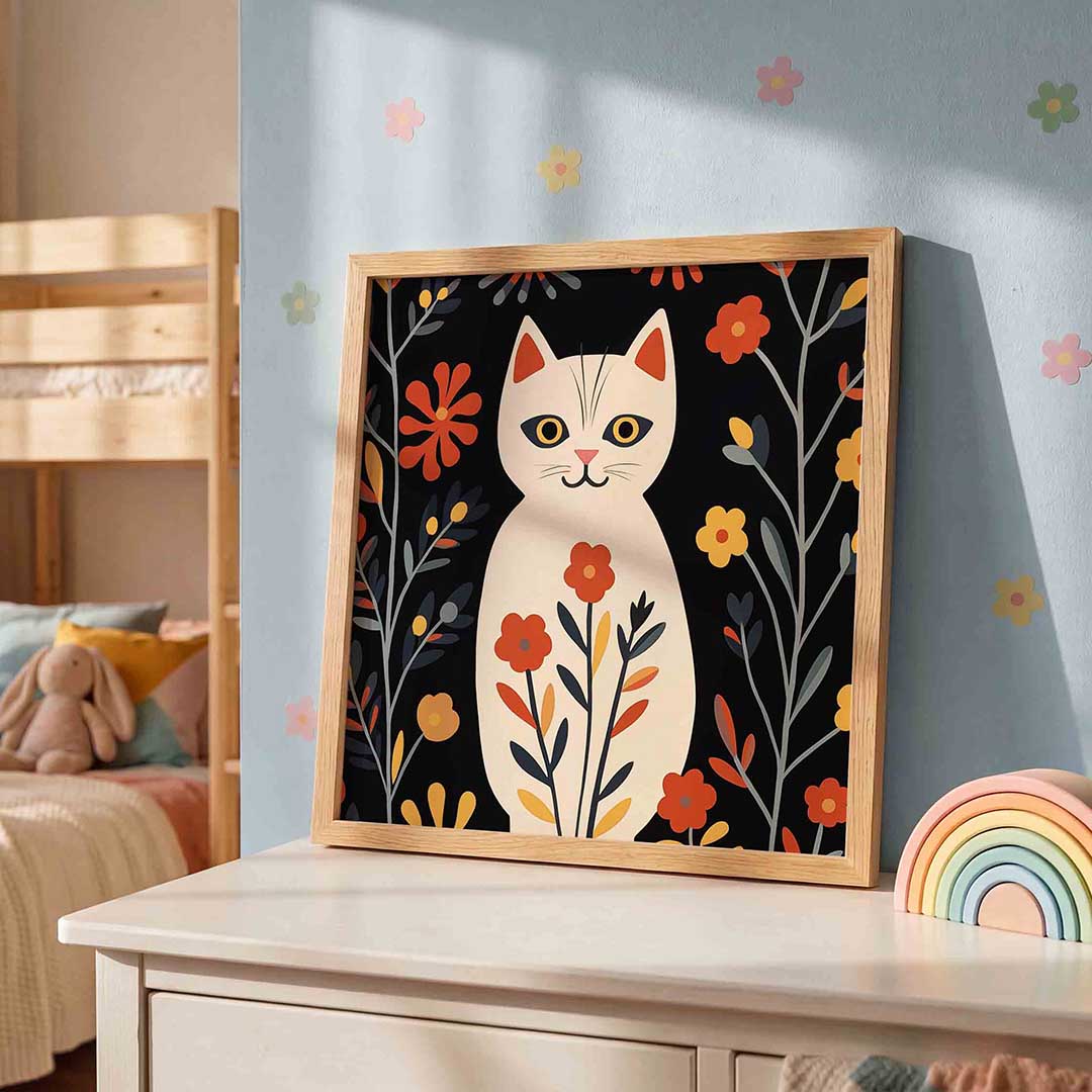 Kat met bloemen – speelse wandkunst als vierkante kinderposter