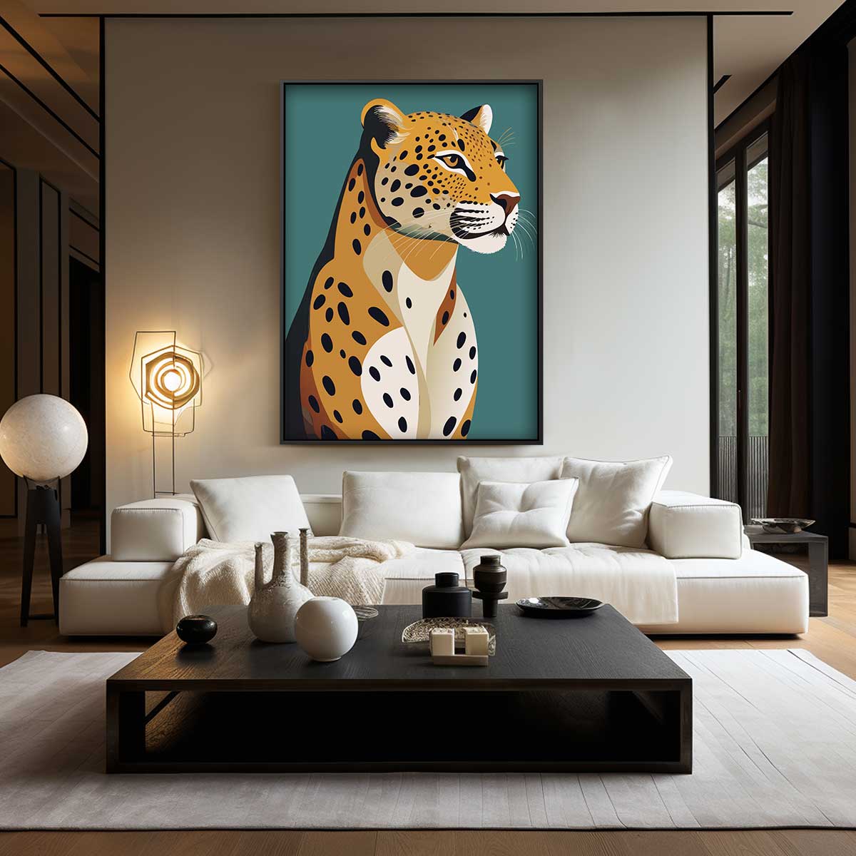 Majestueuze Luipaard op Abstracte Achtergrond – kunstwerk met zwarte baklijst
