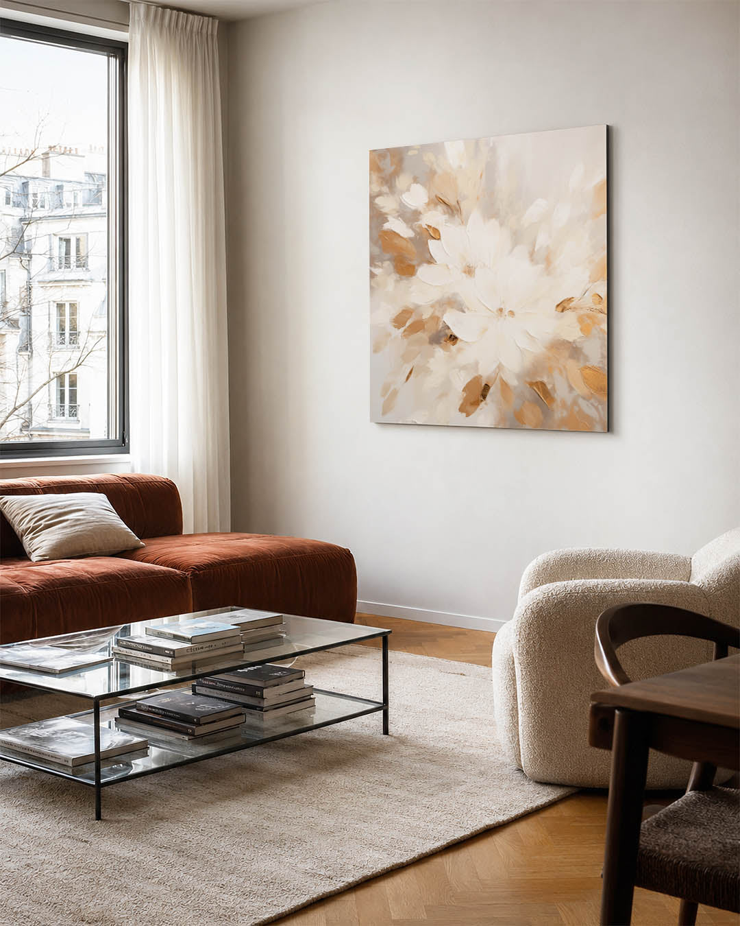 Bloemrijke compositie kunstwerk – vierkante wanddecoratie – dit werk toont een dynamische compositie van vloeiende
