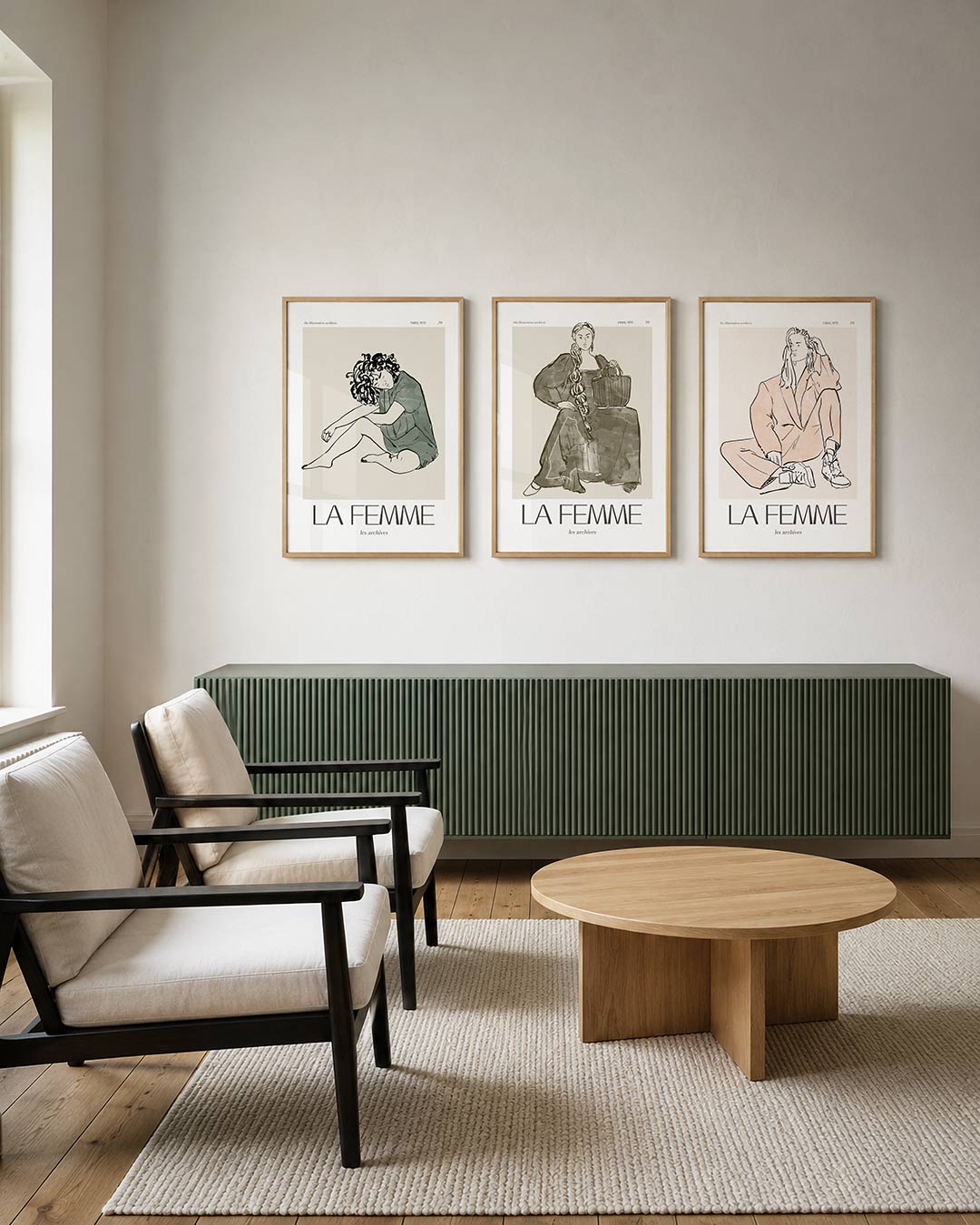 Lijn en rust posterset – derde productweergave – een vloeiende lijntekening van een zittende figuur met krullend