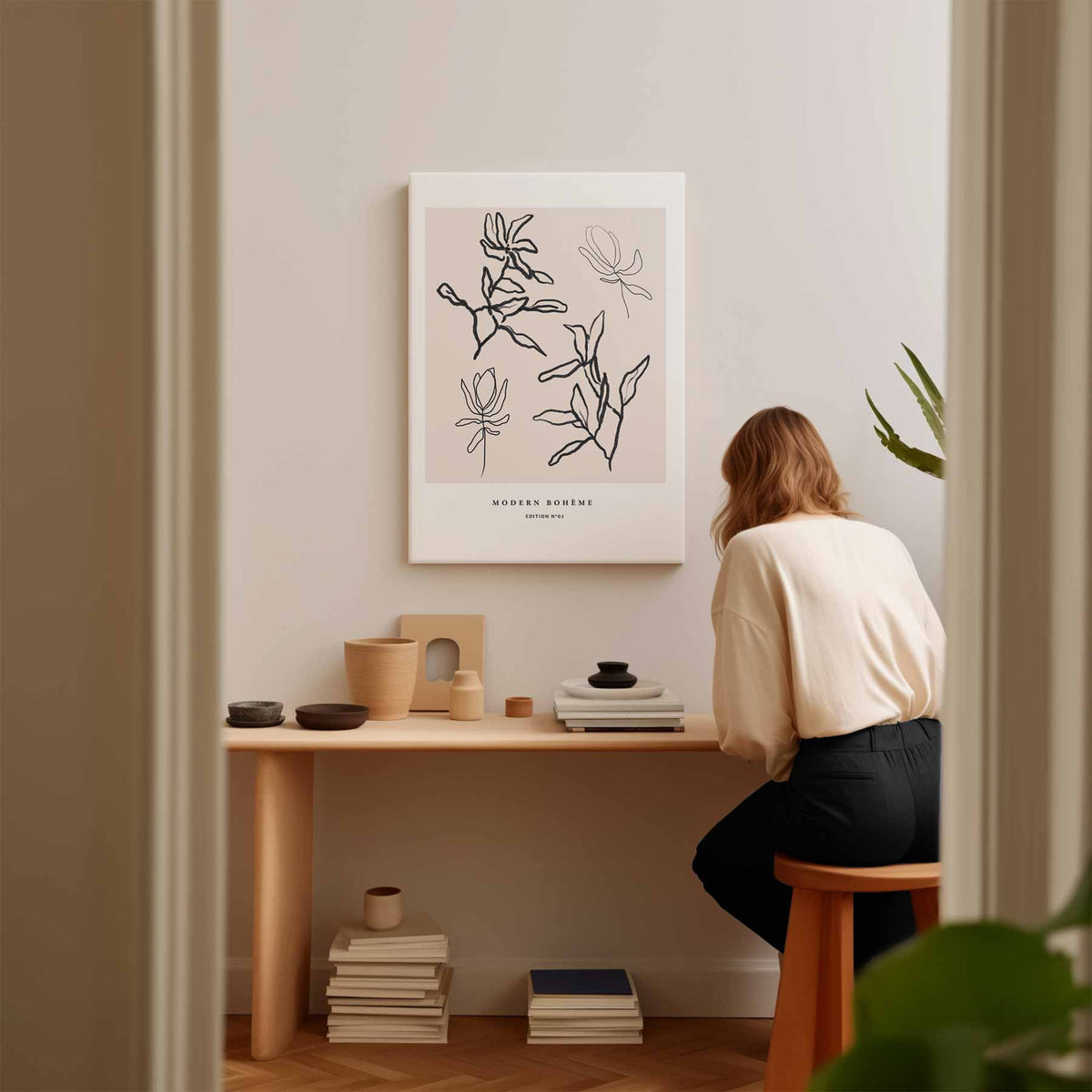 Moderne Boho Lijntekening Bloemen – dibond wanddecoratie in staand formaat