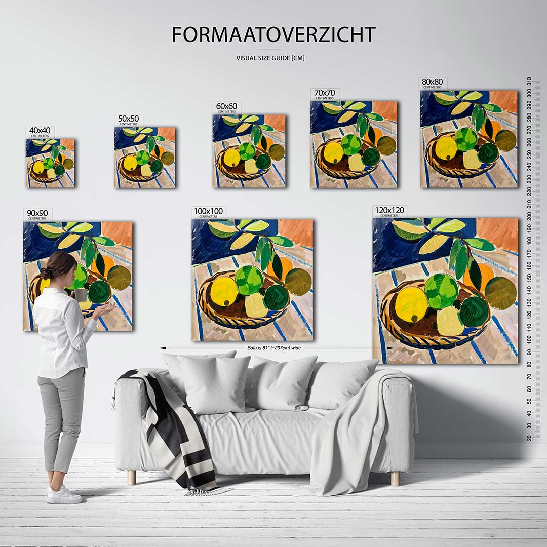 Fruit en bladeren kunstwerk – materiaalweergave – dit werk toont een mand met kleurrijk fruit en bladeren. De levendige